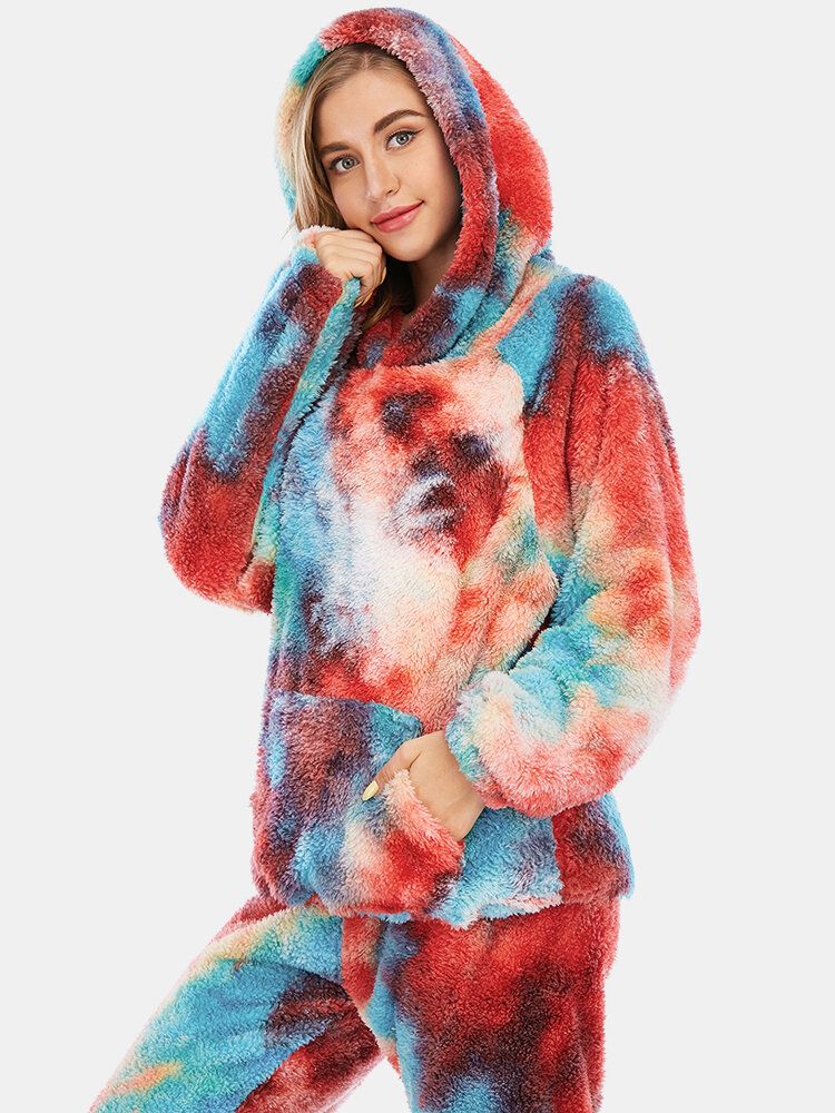 Kvinnor Tie Dye Fleece Kangaroo Pocket Hoodie Byxor Hem Sleepweat Casual Pyjamas Set