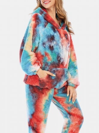 Kvinnor Tie Dye Fleece Kangaroo Pocket Hoodie Byxor Hem Sleepweat Casual Pyjamas Set