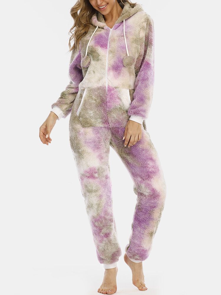 Kvinnor Tie Dye Fluffy Plysch Zipper Front Kangaroo Pocket Home Jumpsuits