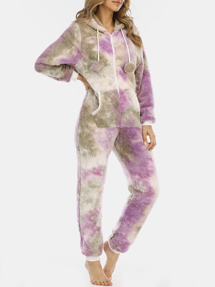 Kvinnor Tie Dye Fluffy Plysch Zipper Front Kangaroo Pocket Home Jumpsuits