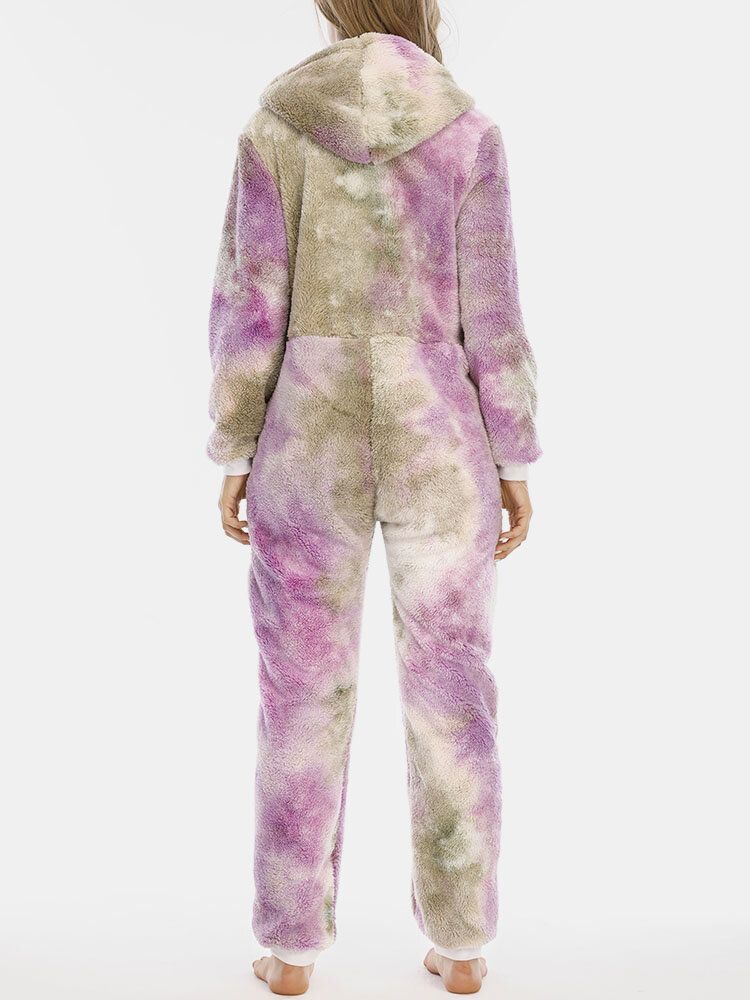 Kvinnor Tie Dye Fluffy Plysch Zipper Front Kangaroo Pocket Home Jumpsuits