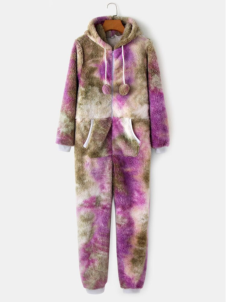 Kvinnor Tie Dye Fluffy Plysch Zipper Front Kangaroo Pocket Home Jumpsuits