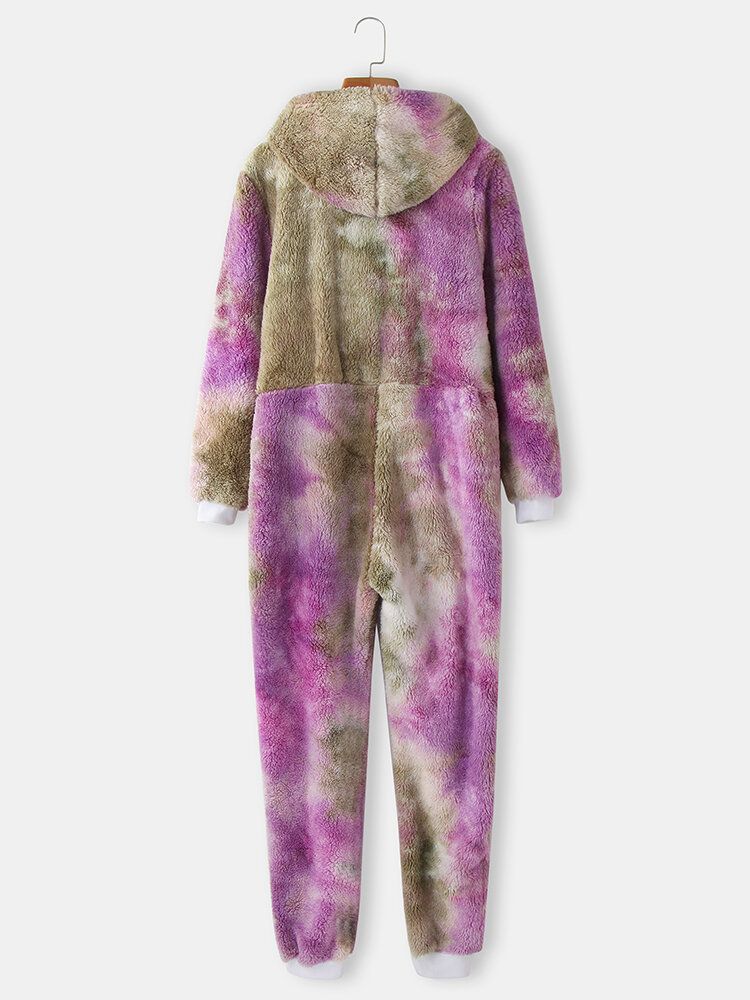 Kvinnor Tie Dye Fluffy Plysch Zipper Front Kangaroo Pocket Home Jumpsuits