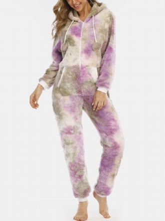 Kvinnor Tie Dye Fluffy Plysch Zipper Front Kangaroo Pocket Home Jumpsuits