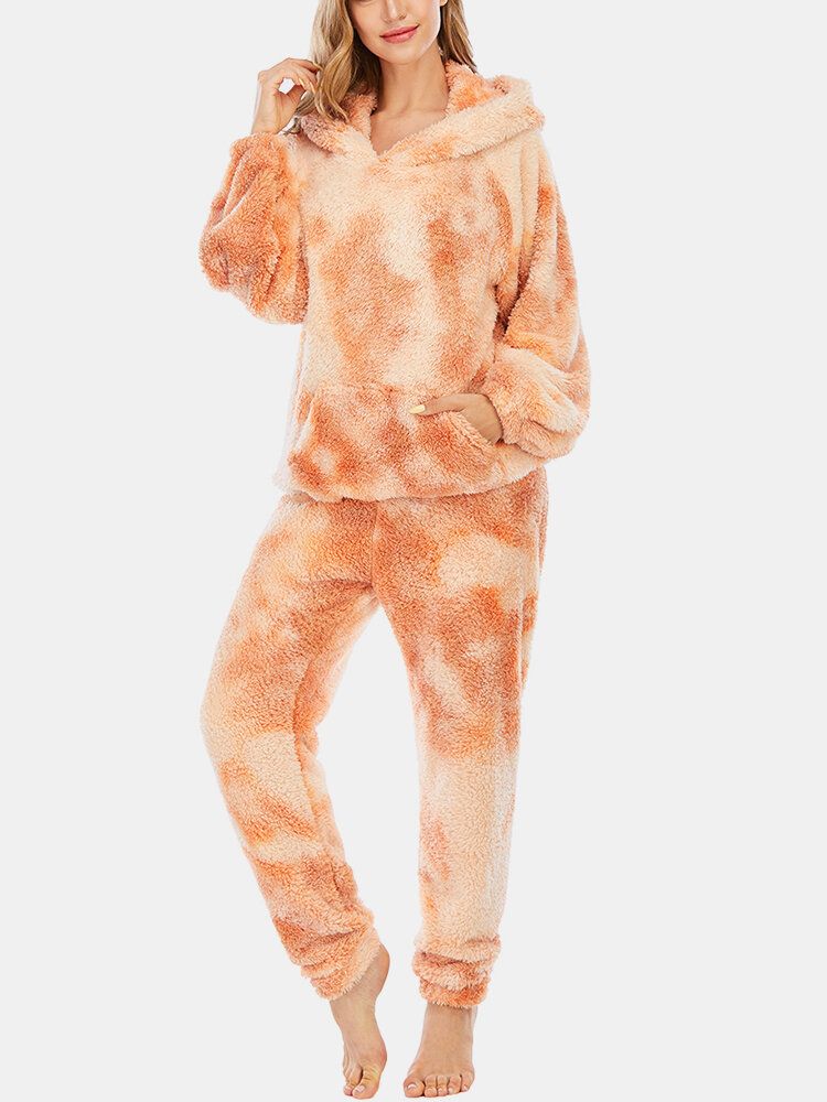 Kvinnor Tie Dye Mjuk Plysch Långärmad Pocket Fleece Luvtröja Lösa Byxor Hem Pyjamas Set