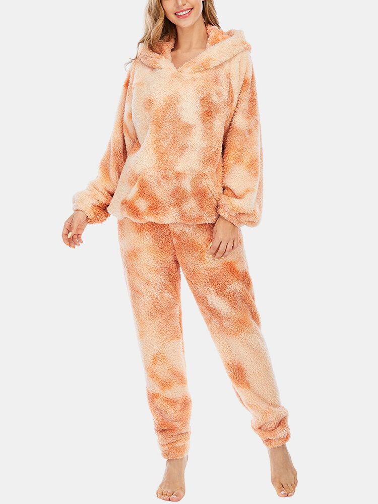 Kvinnor Tie Dye Mjuk Plysch Långärmad Pocket Fleece Luvtröja Lösa Byxor Hem Pyjamas Set