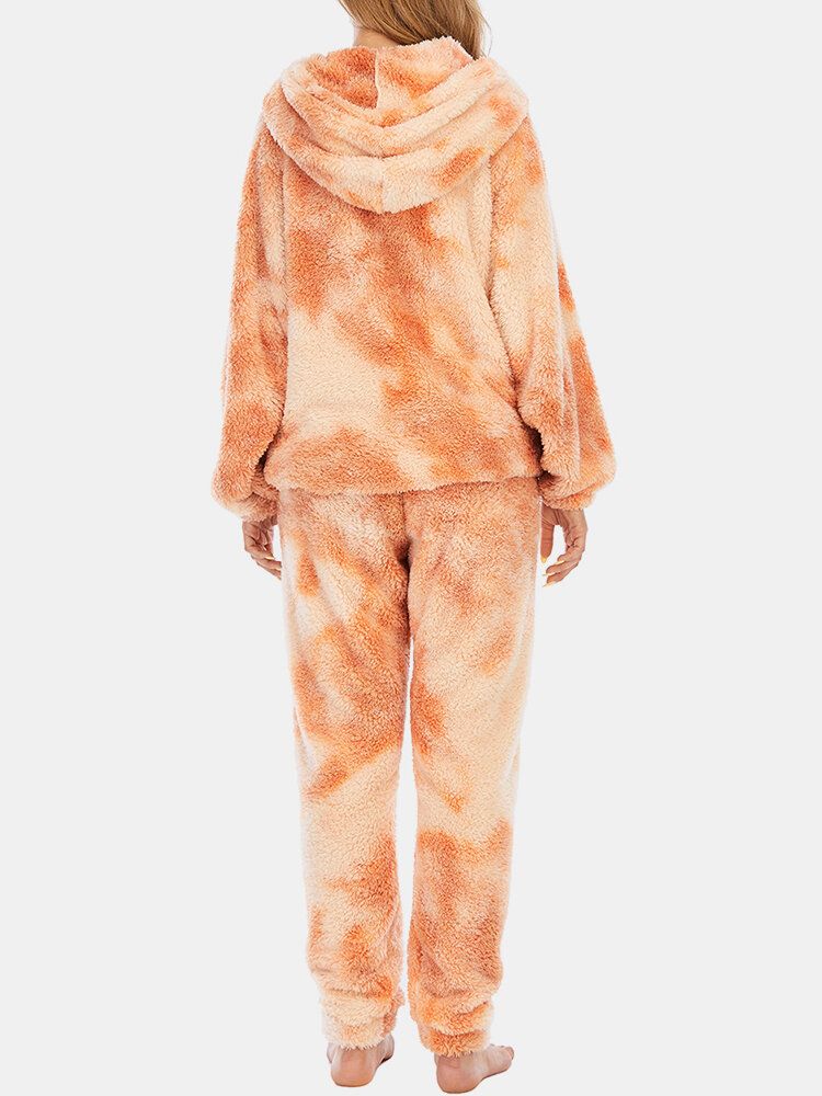 Kvinnor Tie Dye Mjuk Plysch Långärmad Pocket Fleece Luvtröja Lösa Byxor Hem Pyjamas Set