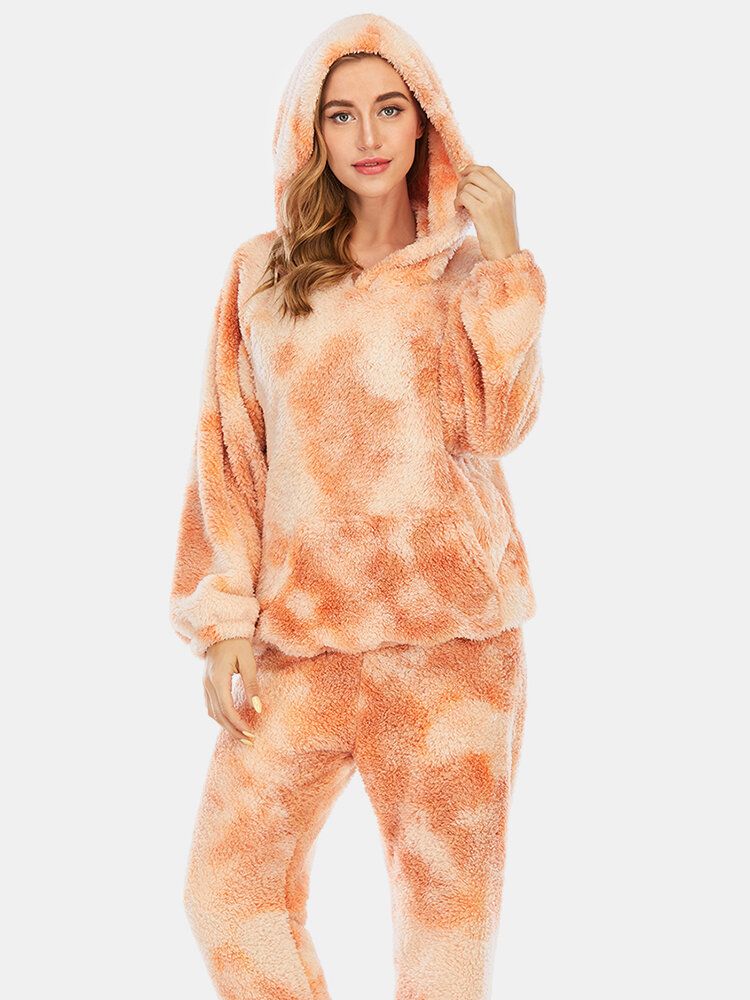 Kvinnor Tie Dye Mjuk Plysch Långärmad Pocket Fleece Luvtröja Lösa Byxor Hem Pyjamas Set