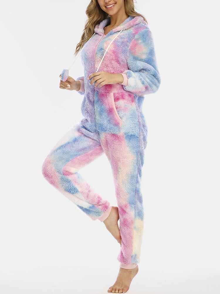 Kvinnor Tie Dye Pocket Dragkedja Front Hooded Jumpsuit Hem Nattkläder