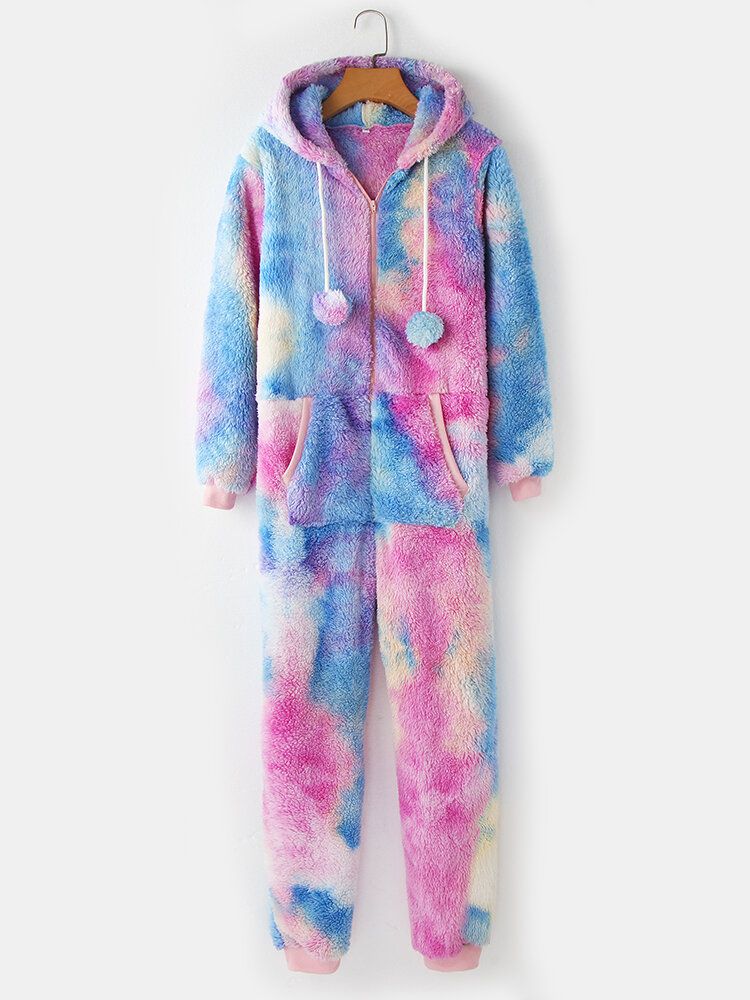 Kvinnor Tie Dye Pocket Dragkedja Front Hooded Jumpsuit Hem Nattkläder