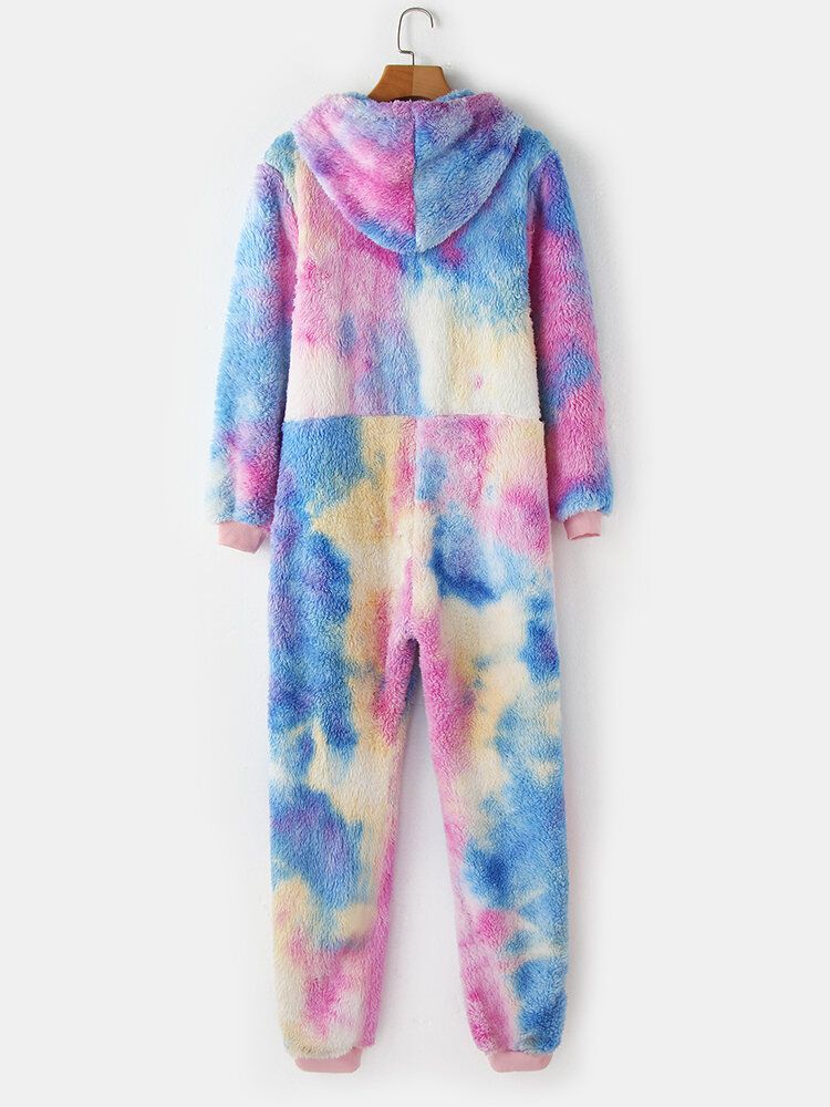 Kvinnor Tie Dye Pocket Dragkedja Front Hooded Jumpsuit Hem Nattkläder