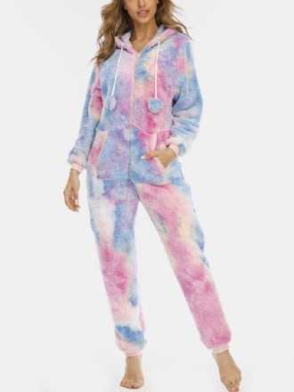 Kvinnor Tie Dye Pocket Dragkedja Front Hooded Jumpsuit Hem Nattkläder