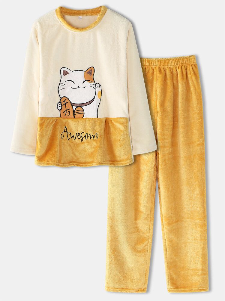 Kvinnor Tjocka Lucky Cat Brevbroderi Flanell Mysig Elastisk Midja Hem Pyjamasset