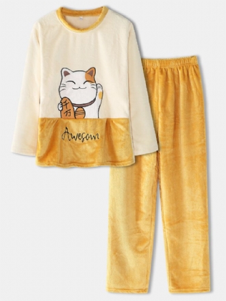 Kvinnor Tjocka Lucky Cat Brevbroderi Flanell Mysig Elastisk Midja Hem Pyjamasset