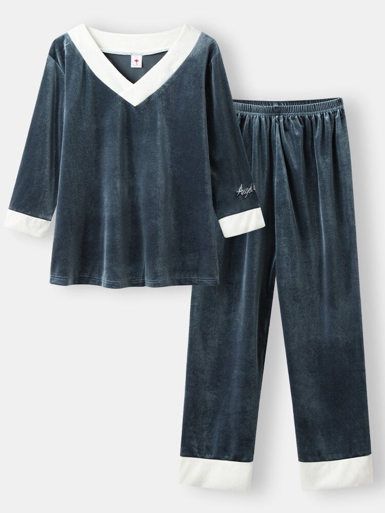 Kvinnor Velour Kontrast V-ringad Brevbroderi Manschett Mysig Pyjamas Set