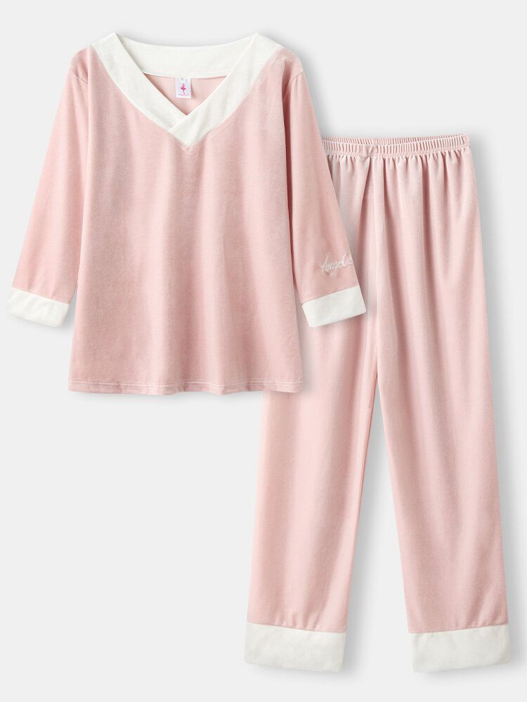 Kvinnor Velour Kontrast V-ringad Brevbroderi Manschett Mysig Pyjamas Set