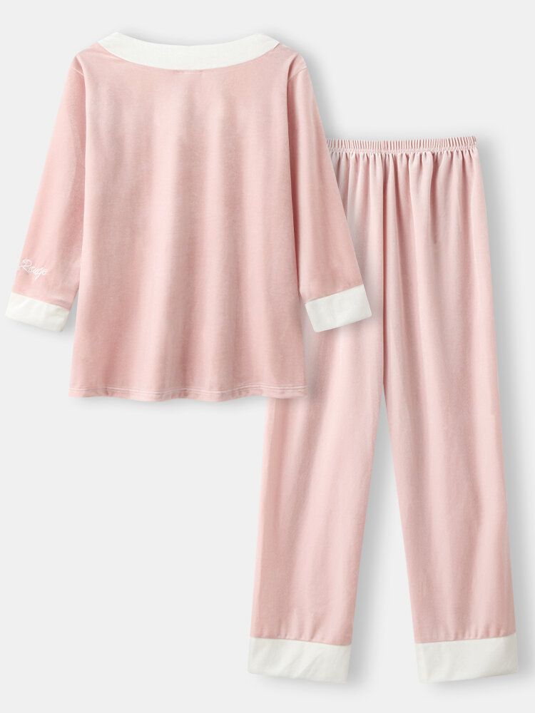 Kvinnor Velour Kontrast V-ringad Brevbroderi Manschett Mysig Pyjamas Set