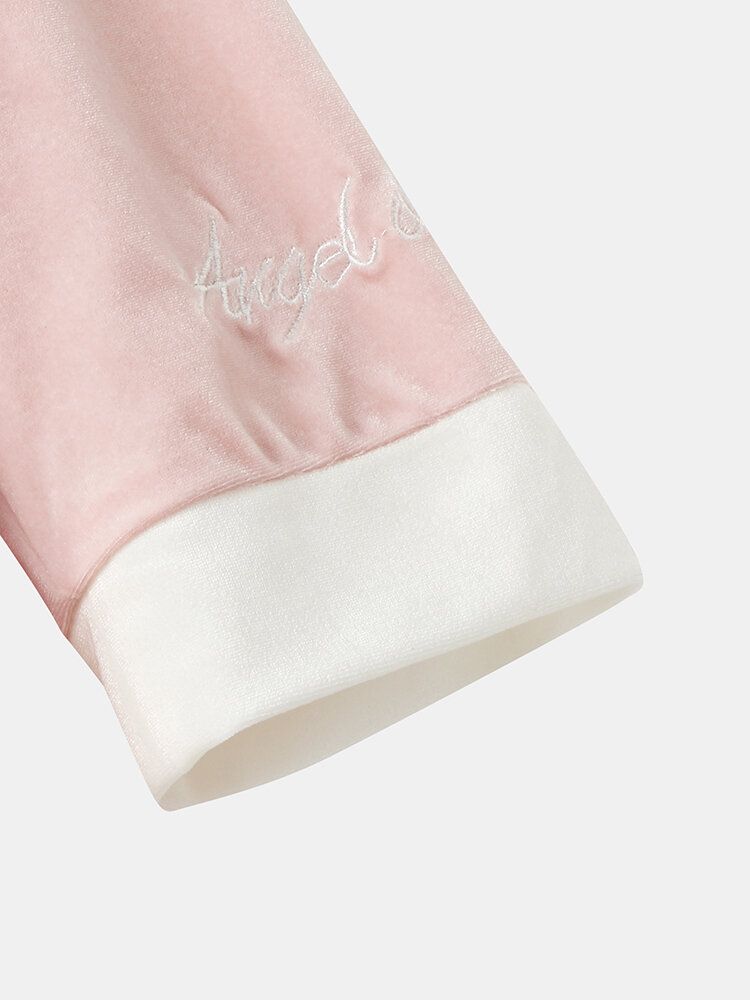 Kvinnor Velour Kontrast V-ringad Brevbroderi Manschett Mysig Pyjamas Set