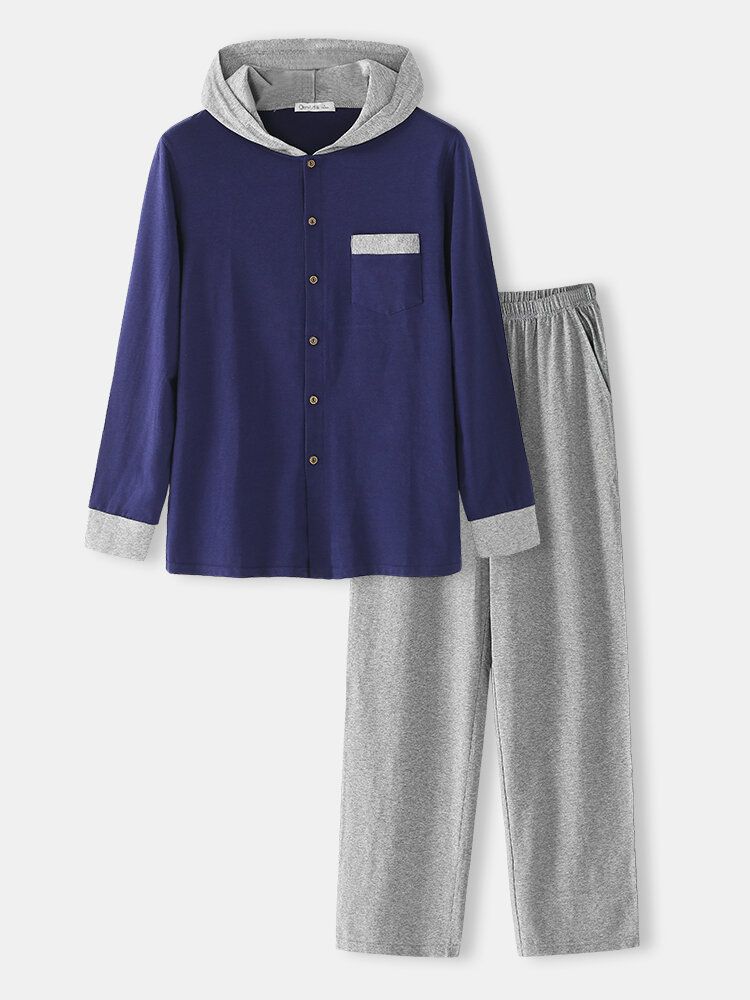 Modalstickad Långärmad Huvtopp För Herr Hem Casual Elastisk Midja Lounge Pyjamasset