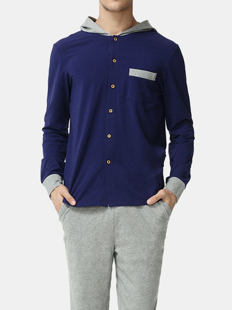 Modalstickad Långärmad Huvtopp För Herr Hem Casual Elastisk Midja Lounge Pyjamasset