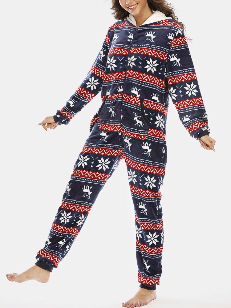 Plus Size Dam Jul Snöflinga Älgmönster Blixtlås Framtill Örondesign Flanellhuva Onesies Med Ficka