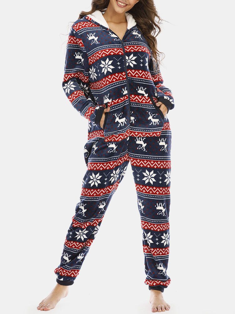 Plus Size Dam Jul Snöflinga Älgmönster Blixtlås Framtill Örondesign Flanellhuva Onesies Med Ficka