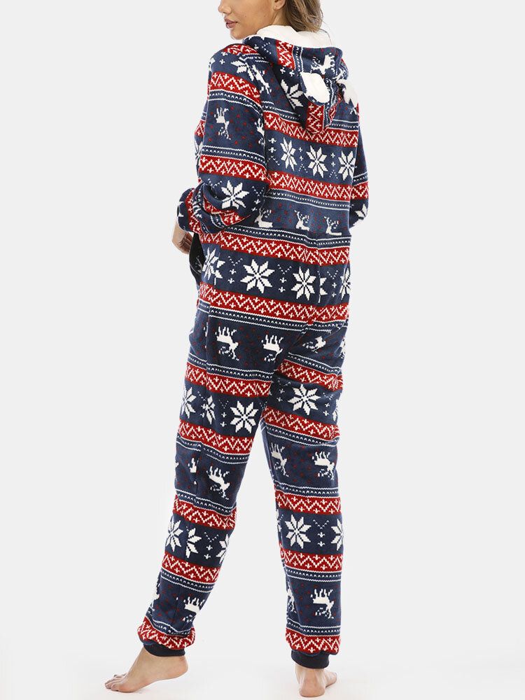 Plus Size Dam Jul Snöflinga Älgmönster Blixtlås Framtill Örondesign Flanellhuva Onesies Med Ficka