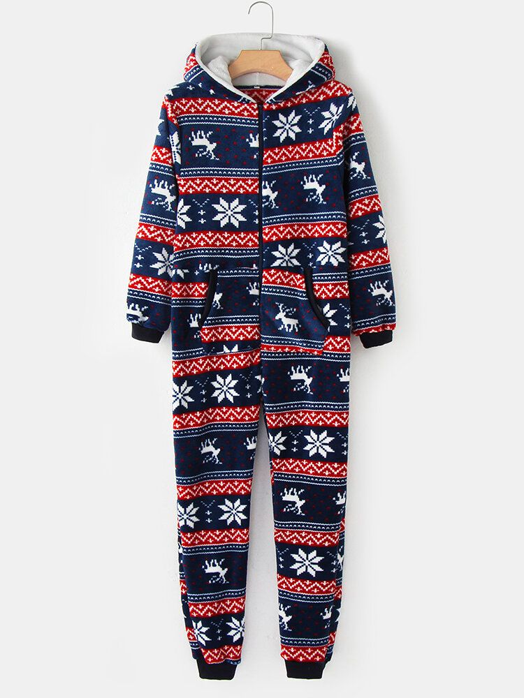 Plus Size Dam Jul Snöflinga Älgmönster Blixtlås Framtill Örondesign Flanellhuva Onesies Med Ficka