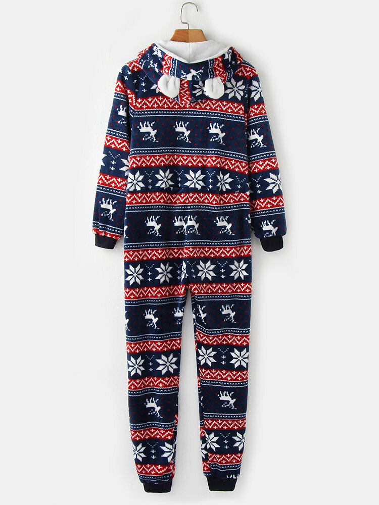 Plus Size Dam Jul Snöflinga Älgmönster Blixtlås Framtill Örondesign Flanellhuva Onesies Med Ficka