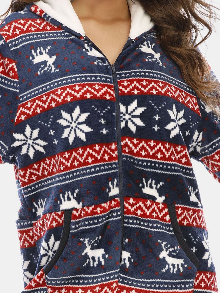 Plus Size Dam Jul Snöflinga Älgmönster Blixtlås Framtill Örondesign Flanellhuva Onesies Med Ficka