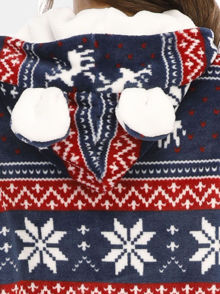 Plus Size Dam Jul Snöflinga Älgmönster Blixtlås Framtill Örondesign Flanellhuva Onesies Med Ficka