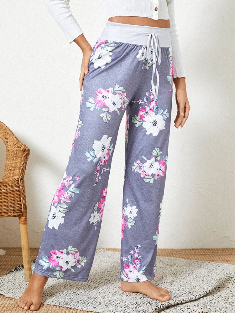 Plus Size Damer Blommönster Dragsko Midja Lös Casual Hemma Pyjamasbyxor