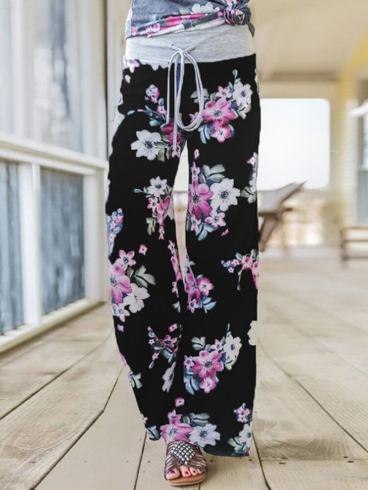 Plus Size Damer Blommönster Dragsko Midja Lös Casual Hemma Pyjamasbyxor