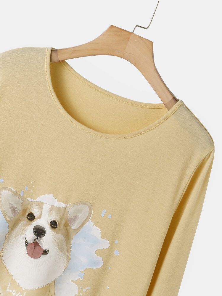 Plus Size Damer Dog Print Randiga Byxor Lösa Långärmade Loungewear Pyjamasset