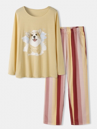 Plus Size Damer Dog Print Randiga Byxor Lösa Långärmade Loungewear Pyjamasset