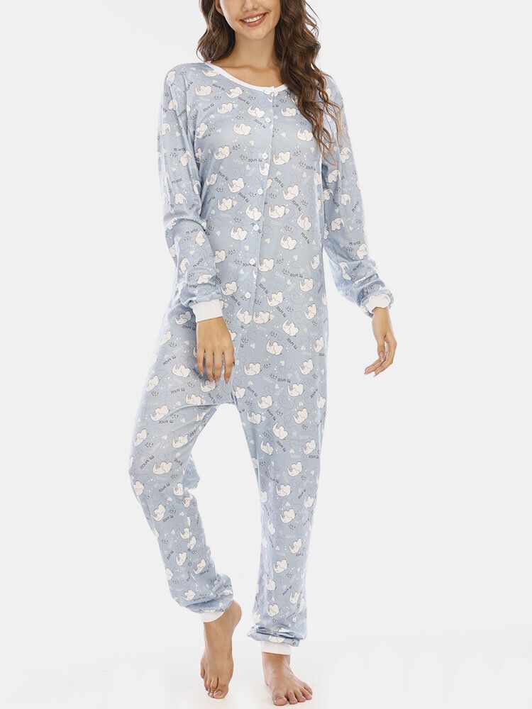 Plus Size Damer Söt Tecknad Elephant Print Långärmade Byxor Rödbyxor Hem Casual Sovkläder