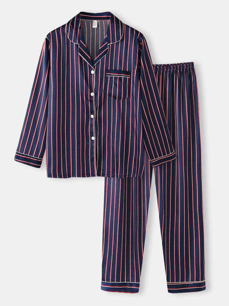 Stripe Camp Krage Ficka Långärmad Elastisk Midja Faux Silk Home Pyjamasset För Kvinnor