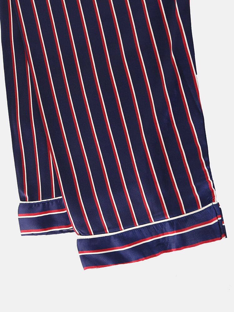 Stripe Camp Krage Ficka Långärmad Elastisk Midja Faux Silk Home Pyjamasset För Kvinnor