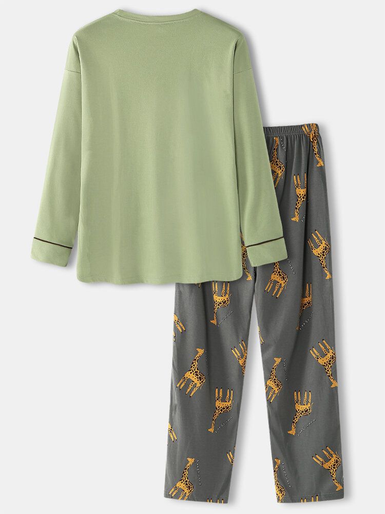 Tecknade Giraffer För Män Med Brevtryck Drop Shoulder Cozy Pyjamas Sets