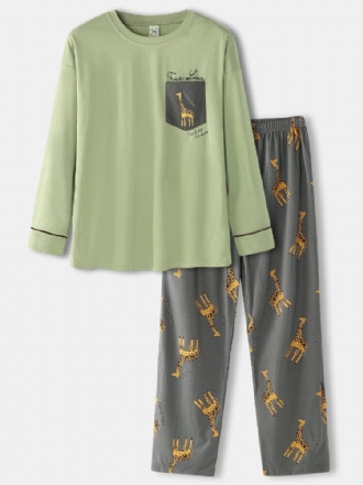 Tecknade Giraffer För Män Med Brevtryck Drop Shoulder Cozy Pyjamas Sets