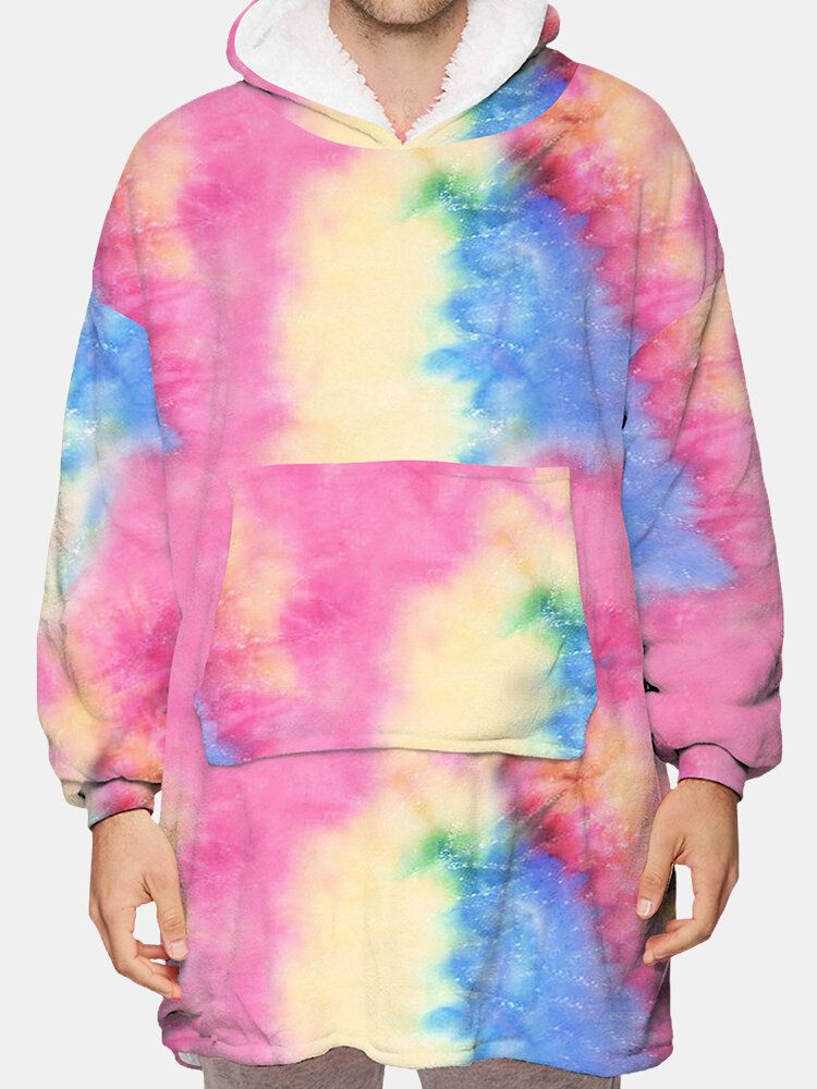 Tie Dye För Män Dubbelsidig Bärbar Fleece Överdimensionerad Filt Luvtröja Loungewear Med Praktisk Ficka