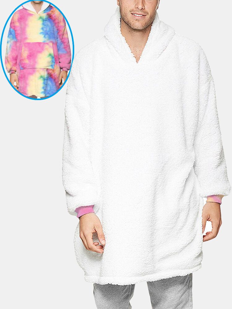 Tie Dye För Män Dubbelsidig Bärbar Fleece Överdimensionerad Filt Luvtröja Loungewear Med Praktisk Ficka