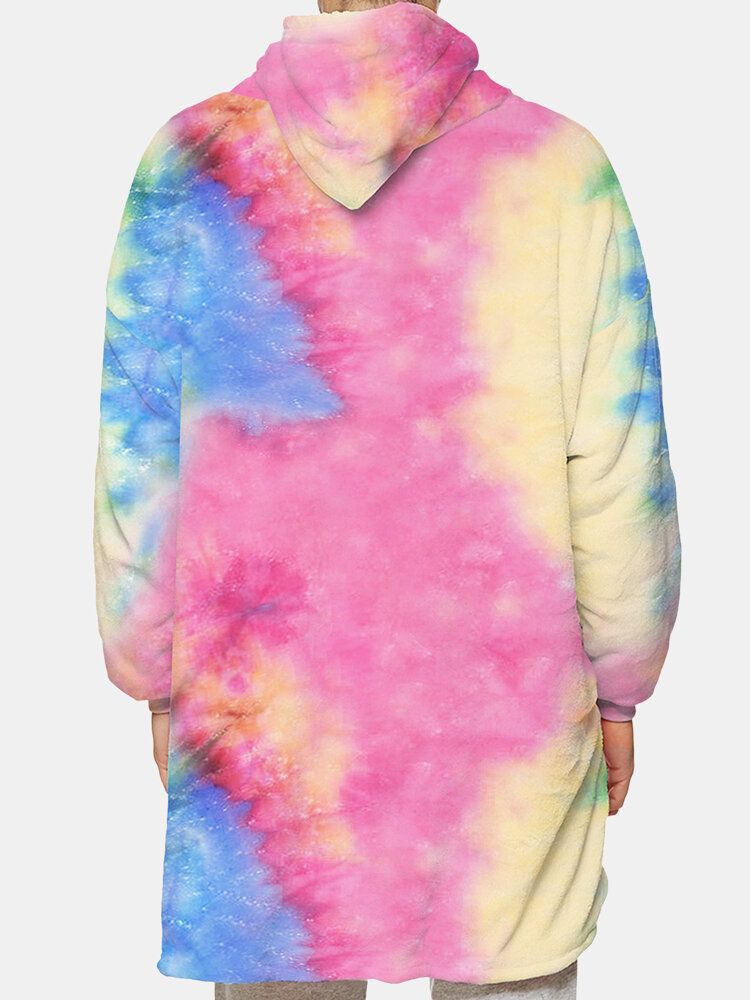 Tie Dye För Män Dubbelsidig Bärbar Fleece Överdimensionerad Filt Luvtröja Loungewear Med Praktisk Ficka