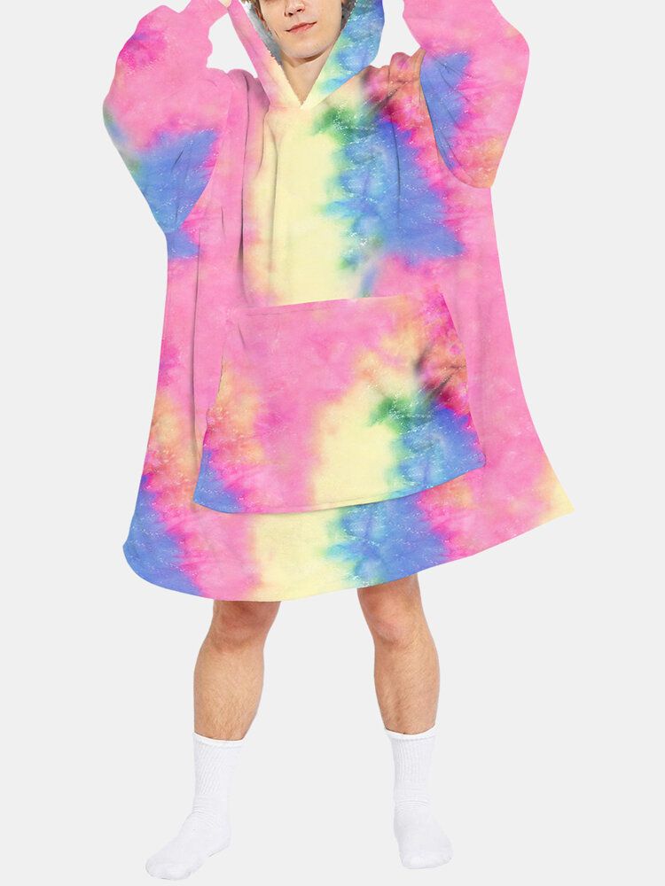 Tie Dye För Män Dubbelsidig Bärbar Fleece Överdimensionerad Filt Luvtröja Loungewear Med Praktisk Ficka