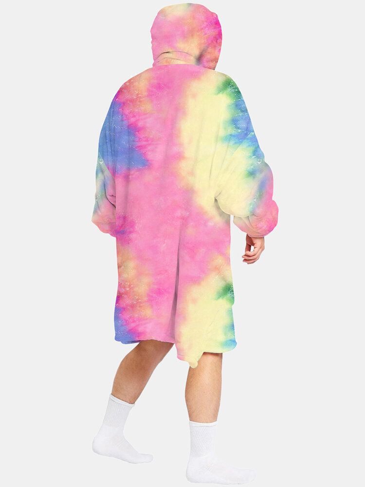 Tie Dye För Män Dubbelsidig Bärbar Fleece Överdimensionerad Filt Luvtröja Loungewear Med Praktisk Ficka