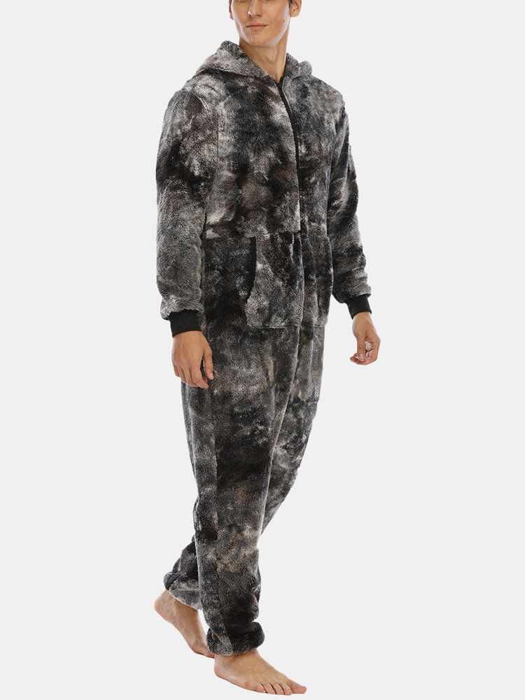 Tie Dye Herr Varm Fleece Plysch Huva Jumpsuit One Piece Hem Nattkläder