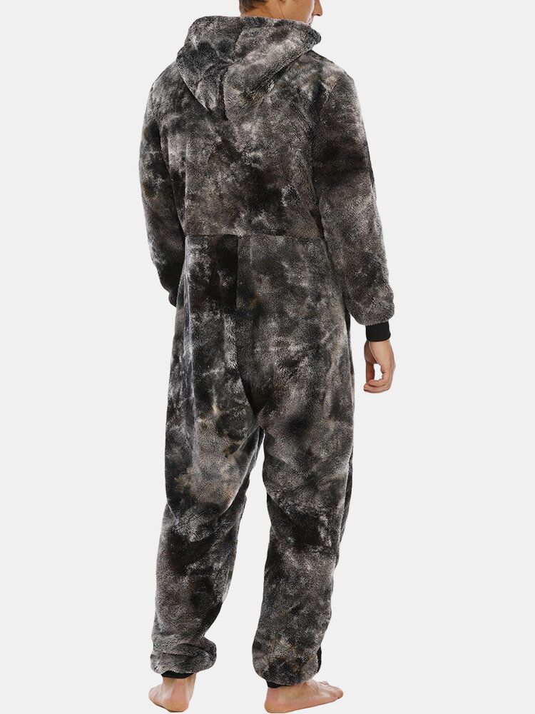 Tie Dye Herr Varm Fleece Plysch Huva Jumpsuit One Piece Hem Nattkläder