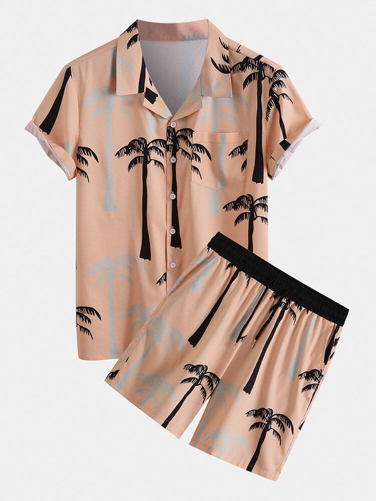 Tropical Coconut Tree Print Revere Collar Holiday Two-piece Outfits