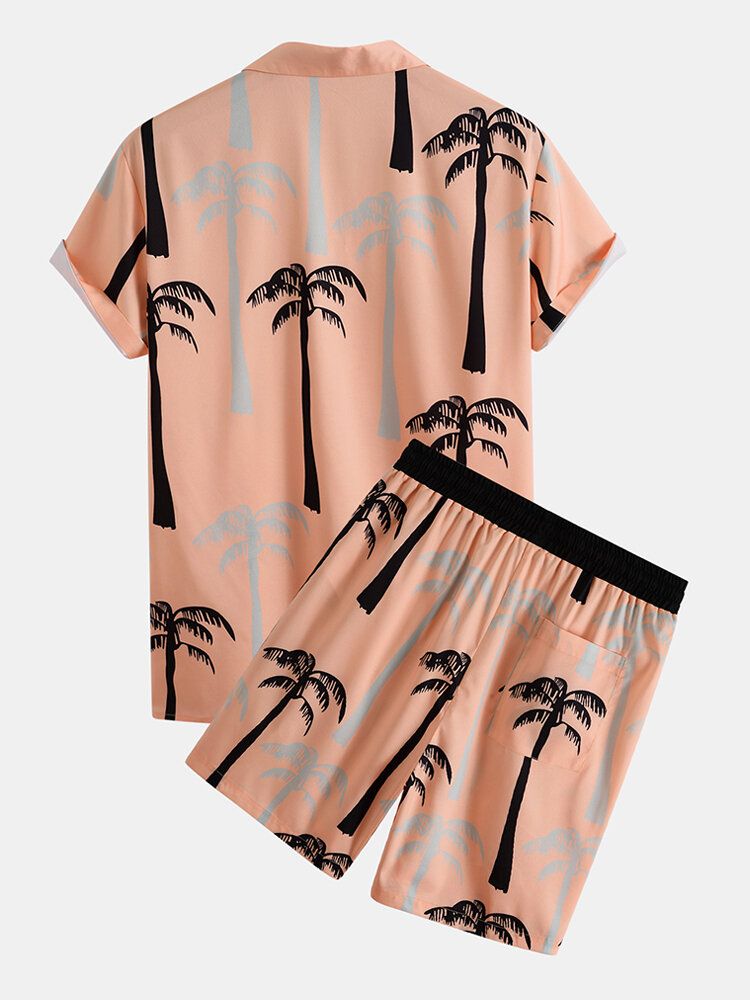 Tropical Coconut Tree Print Revere Collar Holiday Two-piece Outfits