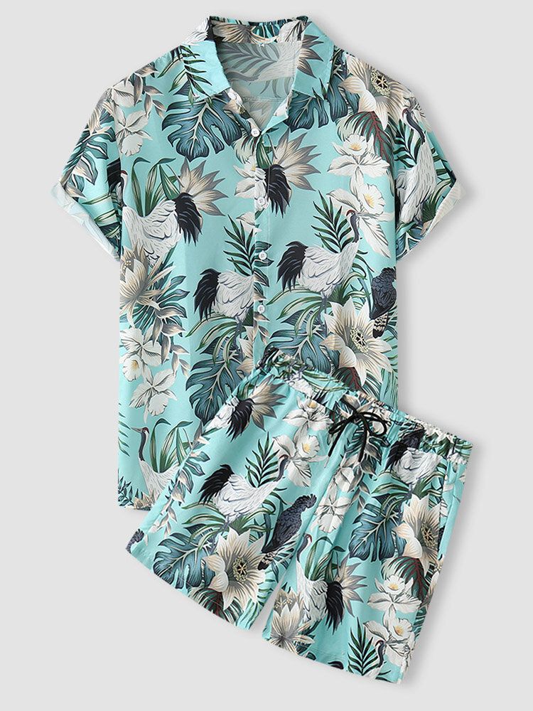 Tropical Plant Print Button Up Holiday Two Piece Outfits För Män